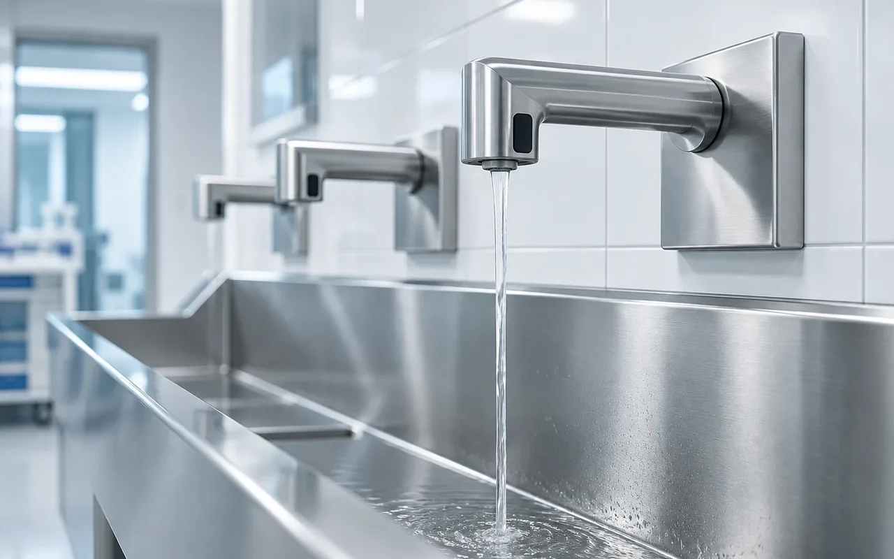 Lavatório hospitalar em aço inox com torneiras de acionamento por sensor